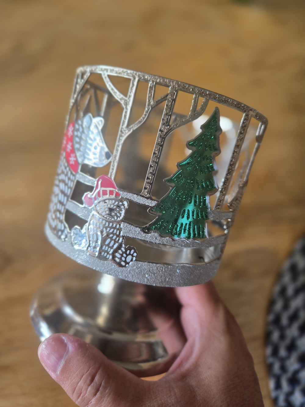 Bath & Body Works Silver Holiday Candle Holder with Green Tree and Pink Hat